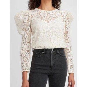 Express Lace Puff Mutton Sleeve Top Long Sleeve Blouse Women L Cream Keyhole NEW